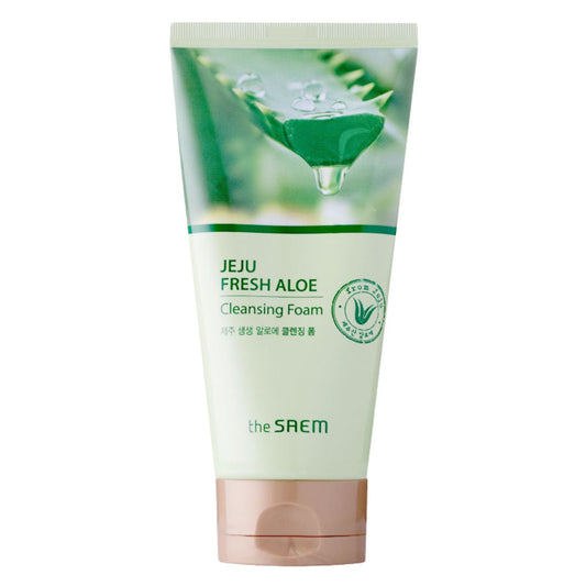 Jeju Fresh Aloe Cleansing Foam von The Saem in einer eleganten Verpackung, ideal für sanfte Reinigung.