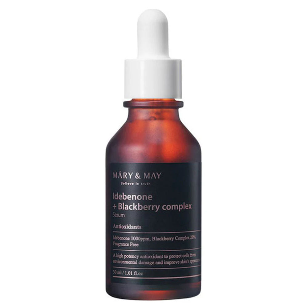 Mary&May Idebenone + Blackberry Complex Serum in 30 ml Flasche für Anti-Aging Hautpflege.