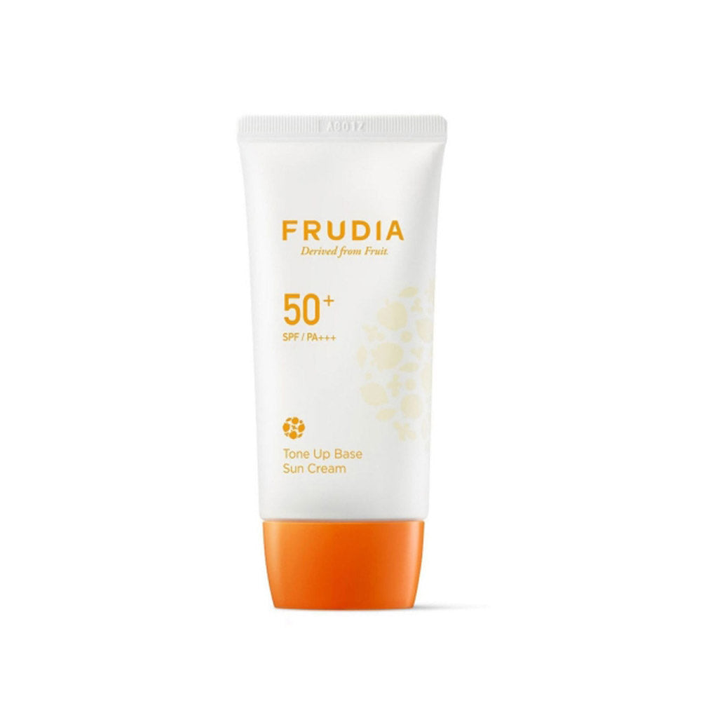 FRUDIA Tone Up Base Sun Cream SPF50+ in einer eleganten Tube für optimalen Sonnenschutz.