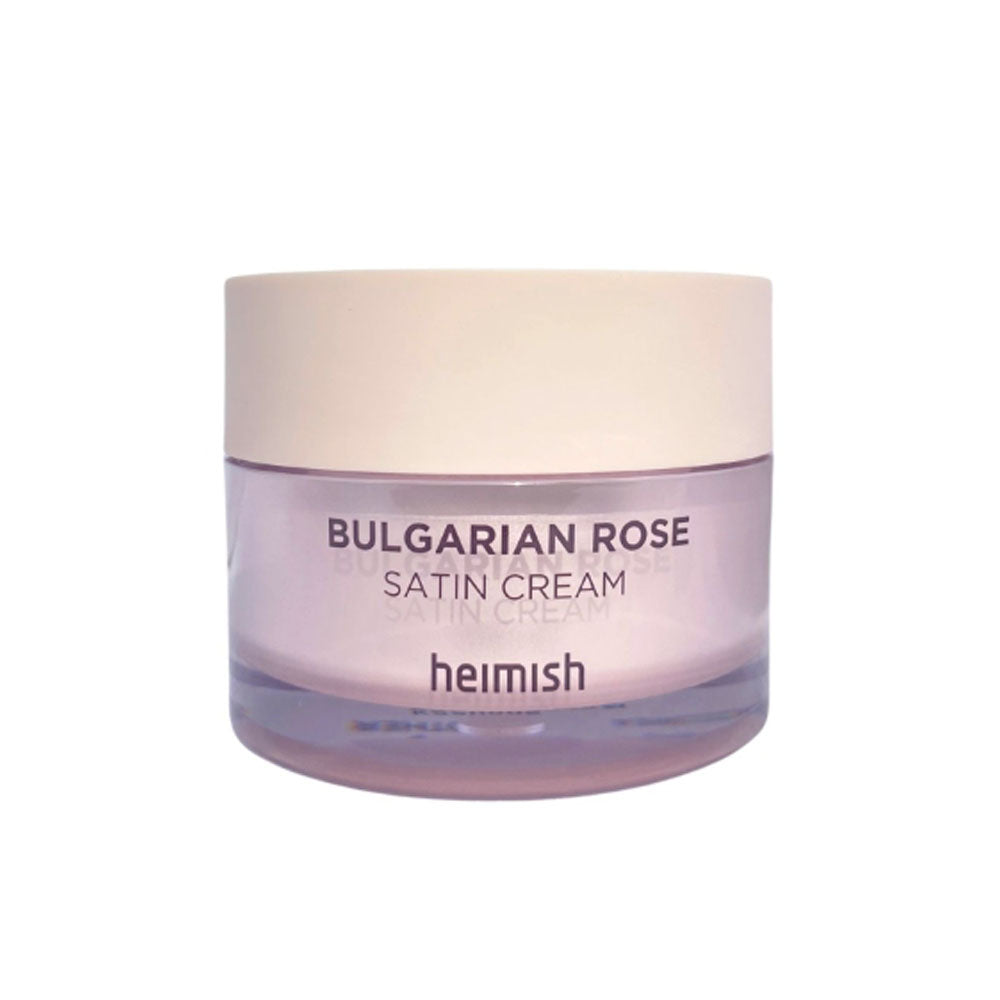 Heimish Bulgarian Rose Satin Cream in einem eleganten Glasbehälter, perfekt für feuchtigkeitsspendende Skincare-Routine.