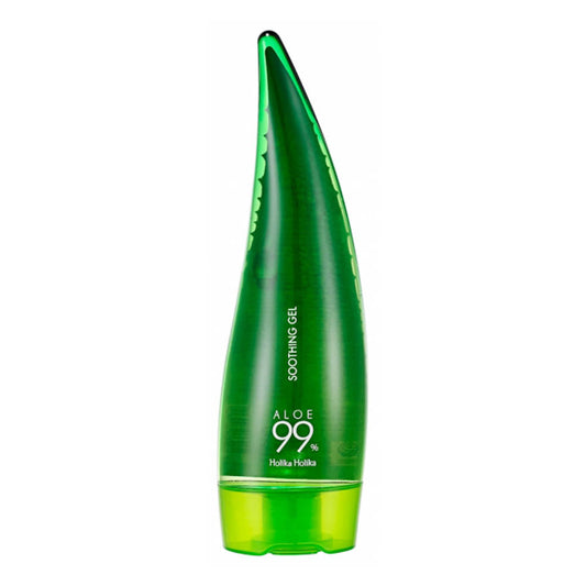 Holika Holika Aloe 99% Soothing Gel in einem 250 ml Behälter für intensive Hautberuhigung und Feuchtigkeit.