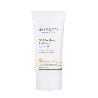 Mary & May CICA Soothing Sun Cream 50+ PA++++ mit Centella Asiatica, schützt die Haut und spendet Feuchtigkeit.