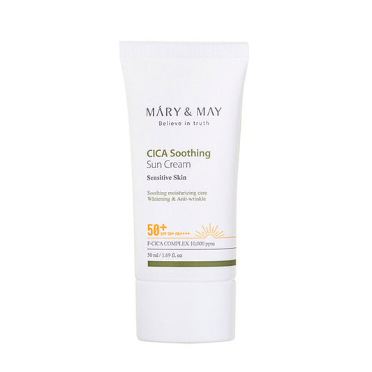 Mary & May CICA Soothing Sun Cream 50+ PA++++ mit Centella Asiatica, schützt die Haut und spendet Feuchtigkeit.
