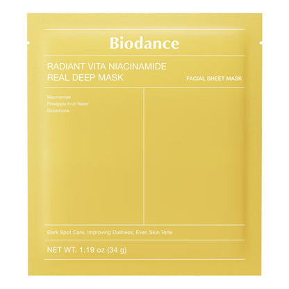 Radiant Vita Niacinamide Real Deep Mask in der Verpackung, ideal für aufhellende Gesichtspflege