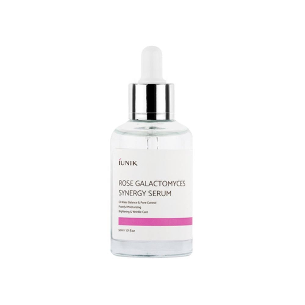 iUNIK Rose Galactomyces Synergy Serum in eleganter Flasche, ideal für ölige Hautpflege.