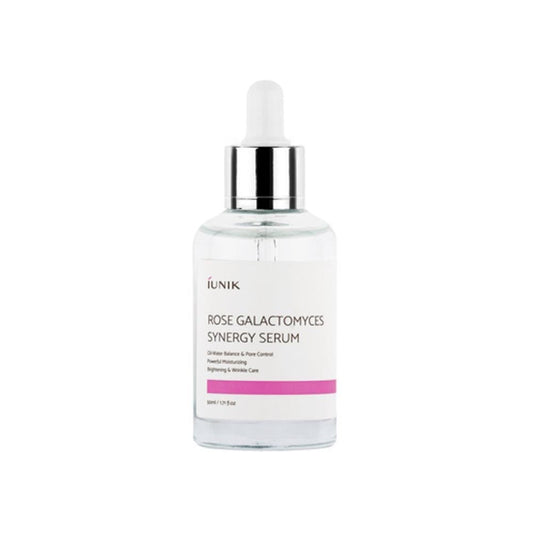iUNIK Rose Galactomyces Synergy Serum in eleganter Flasche, ideal für ölige Hautpflege.