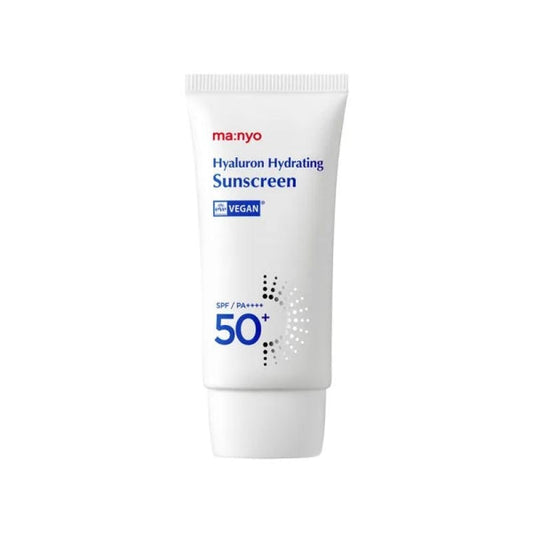 Hyaluron hydrating Sunscreen von ma:nyo in einer attraktiven Verpackung für feuchtigkeitsspendenden Sonnenschutz SPF50+.