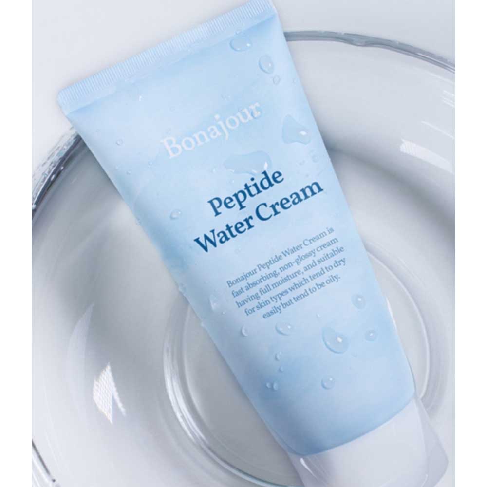 Die Bonajour Peptide Water Cream mit Hyaluronsäure auf einem sanften, hellen Hintergrund, strahlt Frische aus.
