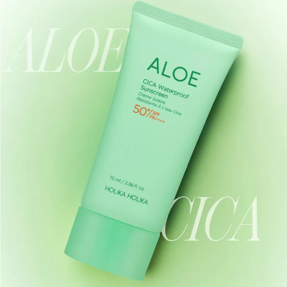 Detailansicht der Holika Holika Aloe Cica Creme, die wasserfesten Sonnenschutz bietet und ideal für die Haut ist.