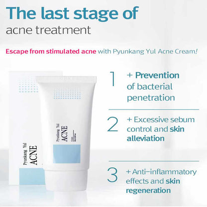 Anwendung der Akne Creme von Pyunkang Yul auf einer unreinen Gesichtshaut.