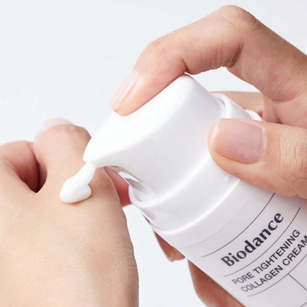 Anwendung der Biodance Kollagencreme auf der Haut, fördert die Hautelastizität und Pflege.