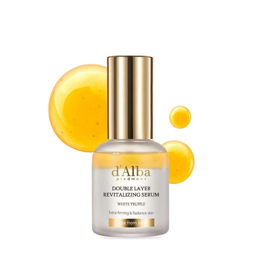 d'Alba White Truffle Double Layer Serum zeigt die flüssigen Texturen für optimale Feuchtigkeit und revitalisierende Pflege.