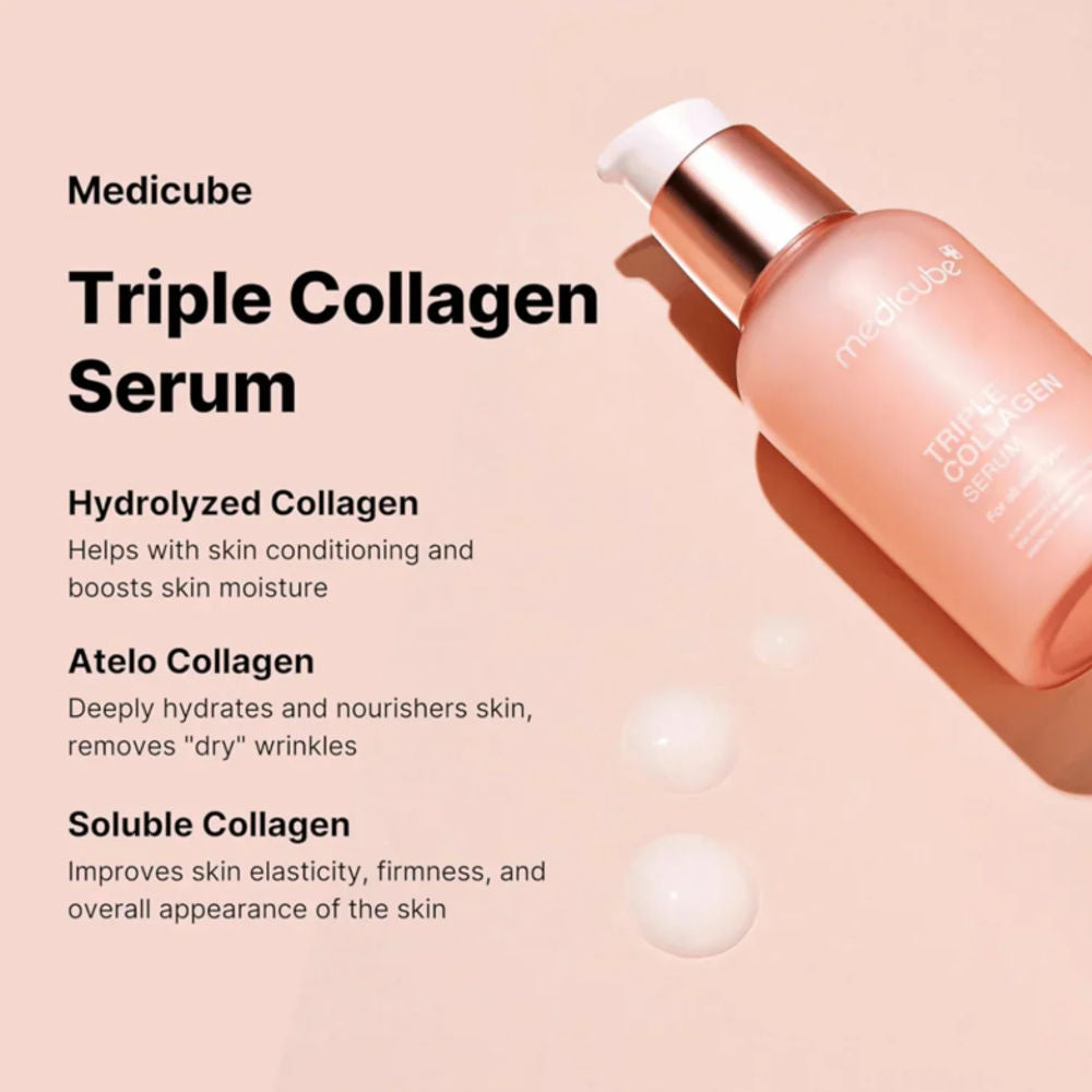 Nahaufnahme des Triple Collagen Serums von Medicube, welches die Haut strafft und Anti-Aging-Effekte fördert.