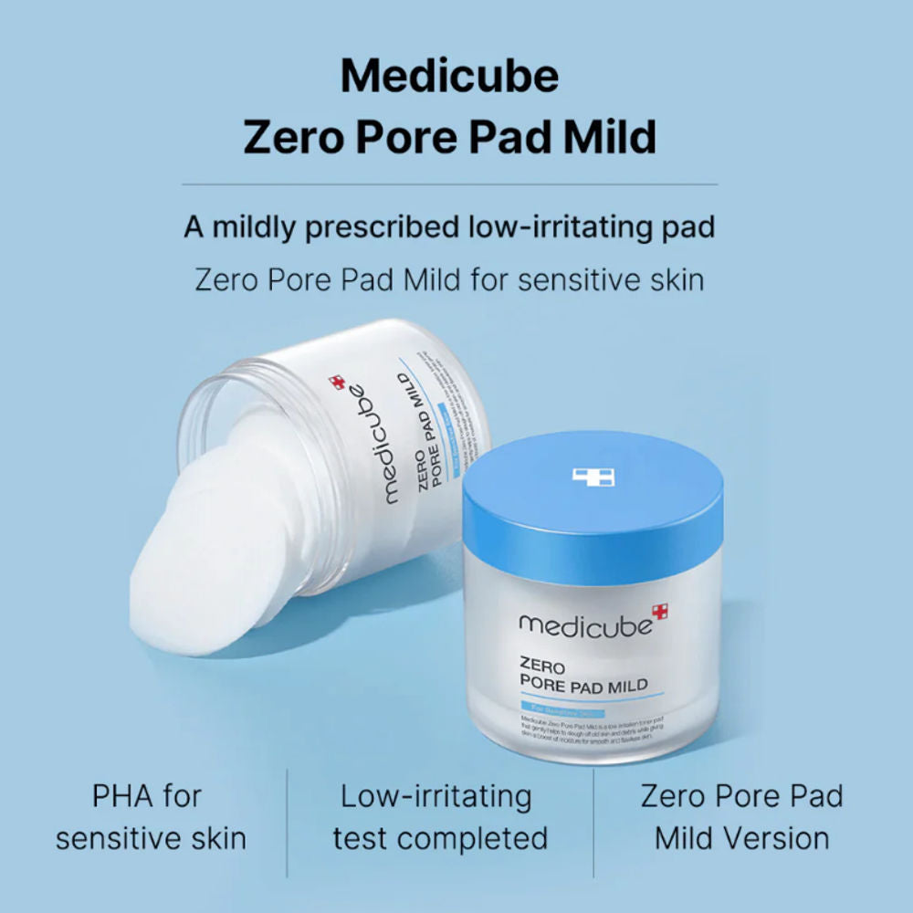 Verpackung der Medicube Zero Pore Pad Mild mit 70 Pads für sanftes Peeling und Talgentfernung.