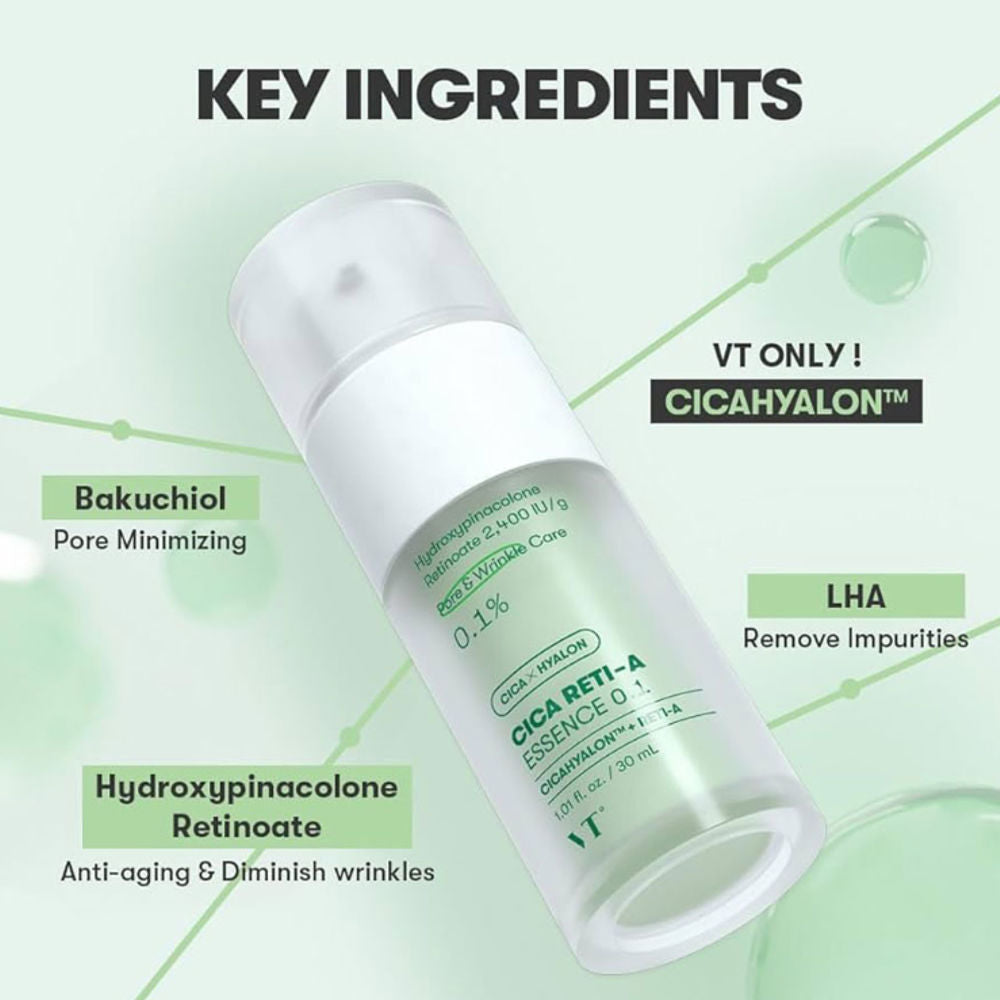 Detailaufnahme der VT Cosmetics Cica Reti-A Essence 0.1 Verpackung, reich an Retinoid für optimale Hautregeneration.