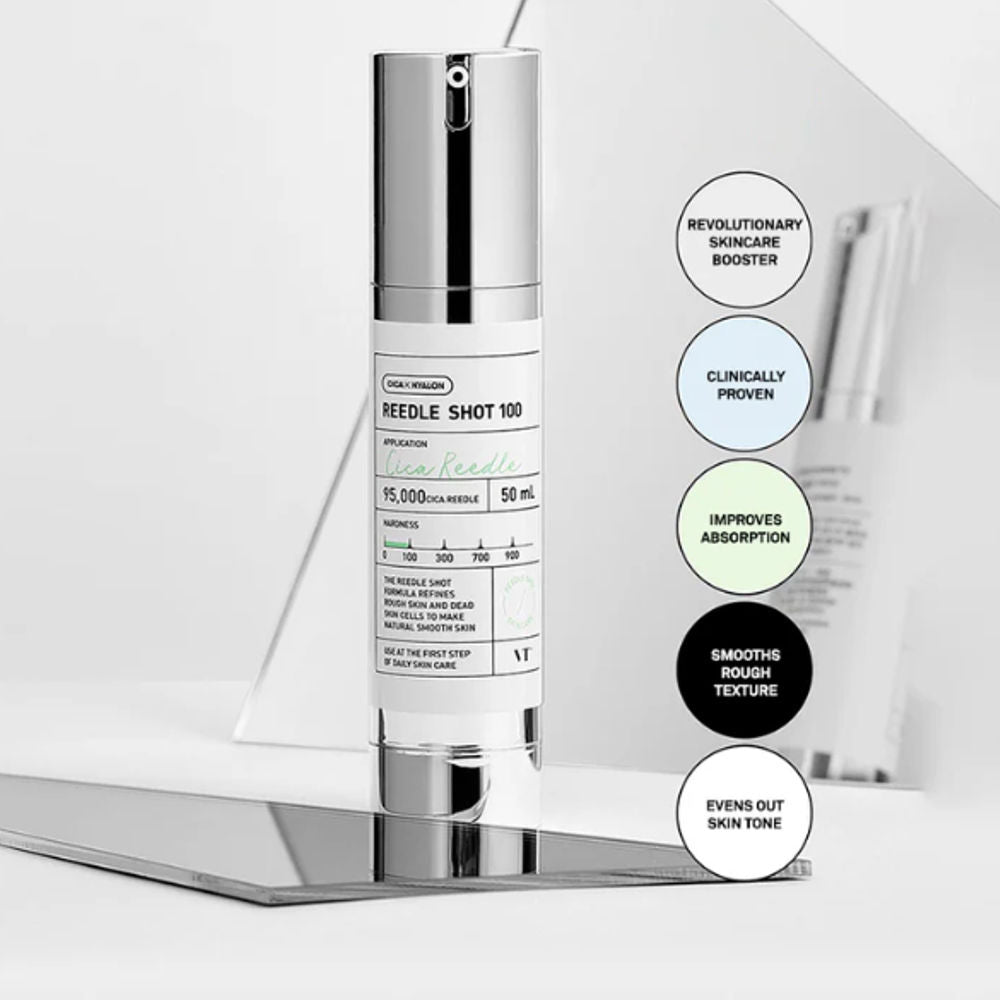 Die Verpackung des VT Cosmetics Reedle Shot 100 zeigt wichtige Inhaltsstoffe wie Hyaluronsäure für eine effektive Mikronadelbehandlung.