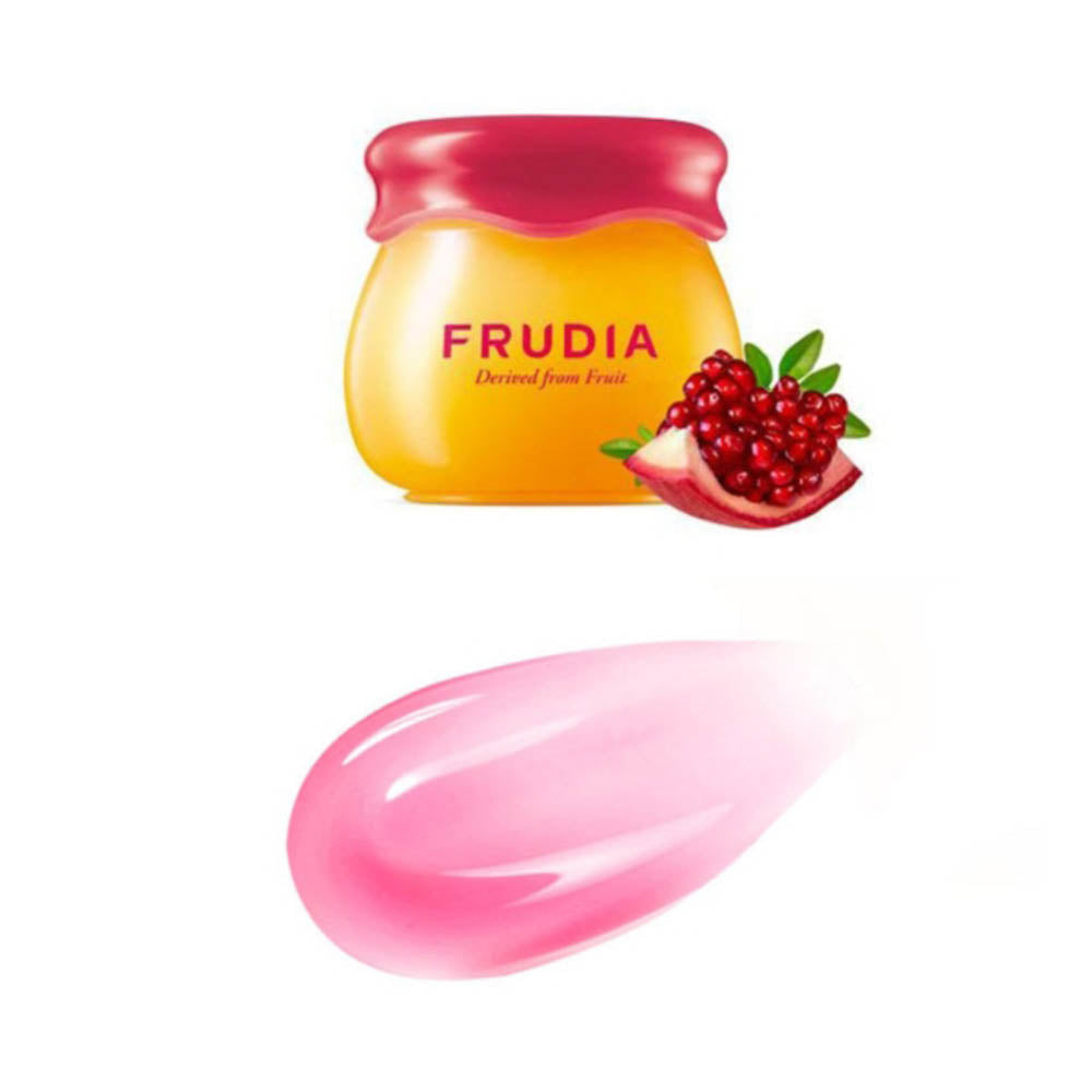 Detailansicht des FRUDIA Pomegranate Honey 3 in 1 Lip Balm mit Granatapfel-Design und Anwendungshinweisen.