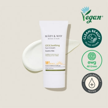 Verpackung der Mary & May CICA Soothing Sun Cream, ansprechend designt für den koreanischen Markt.