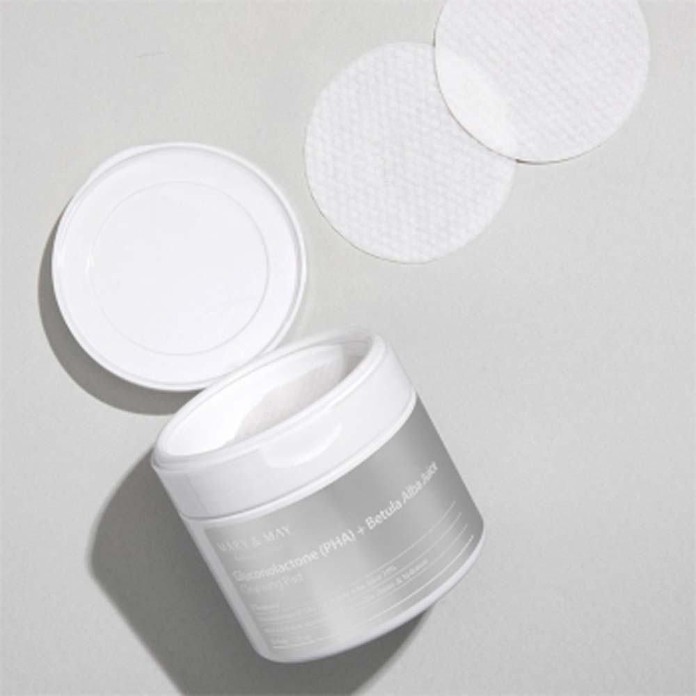 Verpackung der Mary&May Hyaluronsäure Pads mit Birkensaft zur effektiven Reinigung der Haut.