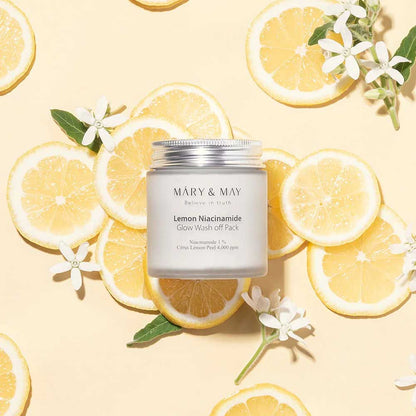 Verpackung des Mary & May Lemon Niacinamide Glow Wash Off Pack, perfekt für strahlenden Teint und frische Haut.