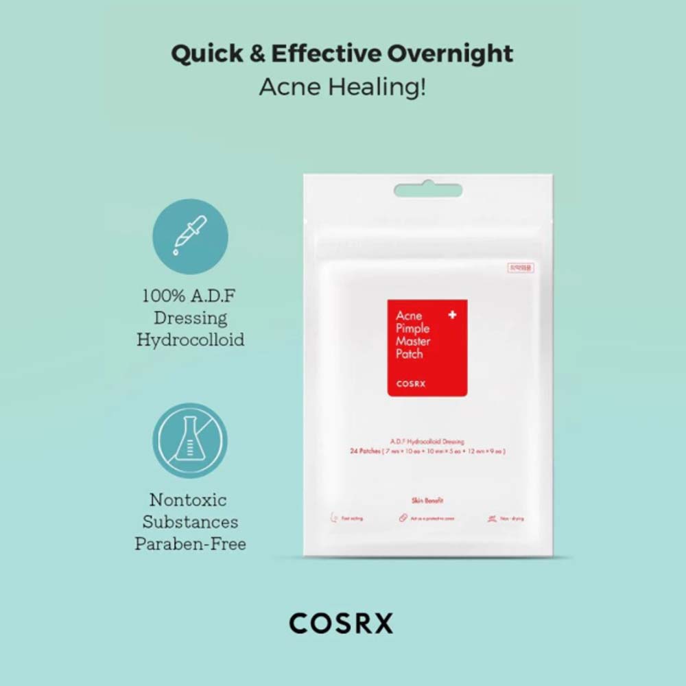Die Verpackung der COSRX Acne Pimple Master Patch mit detaillierter Beschreibung und Anwendungshinweisen auf der Rückseite.