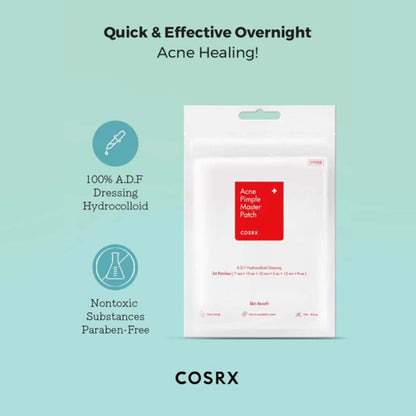 Die Verpackung der COSRX Acne Pimple Master Patch mit detaillierter Beschreibung und Anwendungshinweisen auf der Rückseite.