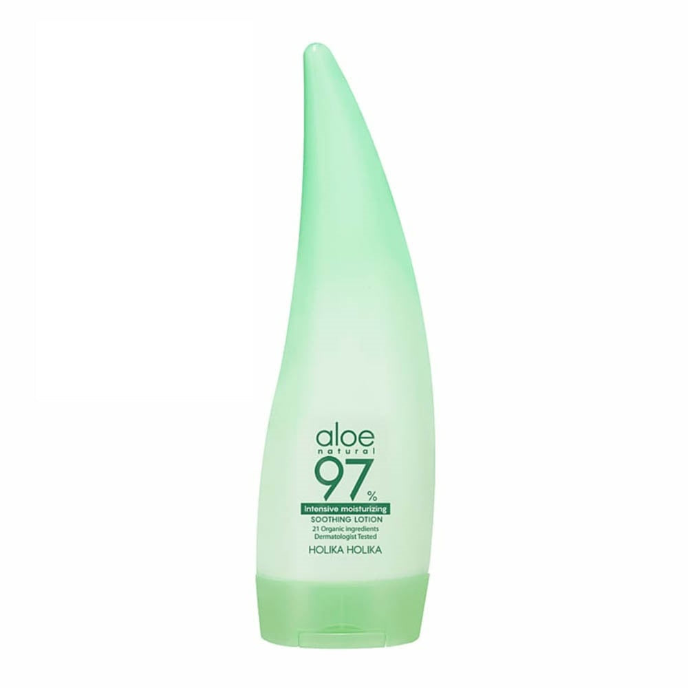 Holika Holika Aloe Natural Formula 97% Soothing Lotion in einer eleganten Flasche, ideal für die Feuchtigkeitspflege.