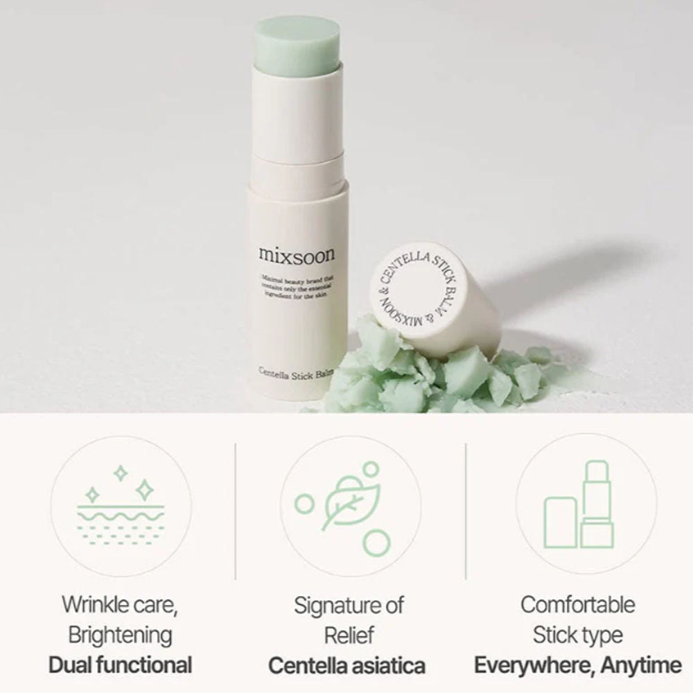 Detailansicht des Mixsoon Centella Stick Balms, zeigt die praktische Verpackung und die Textur des Balsams.