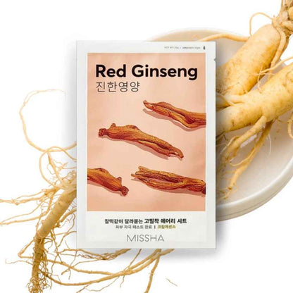 Verpackung der MISSHA Sheet Mask, reich an Roter Ginseng für intensive Feuchtigkeit und Pflege.