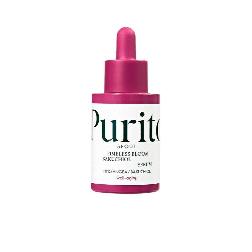 PURITO Bakuchiol Timeless Bloom Serum in eleganter Flasche für Anti-Aging Pflege empfindlicher Haut.