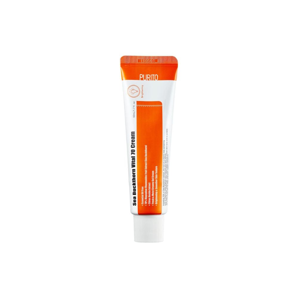 PURITO Sea Buckthorn Vital 70 Cream in einem eleganten Glasbehälter zur Hautregeneration und Feuchtigkeitspflege.