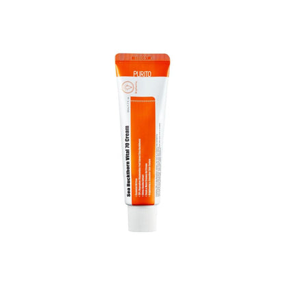PURITO Sea Buckthorn Vital 70 Cream in einem eleganten Glasbehälter zur Hautregeneration und Feuchtigkeitspflege.