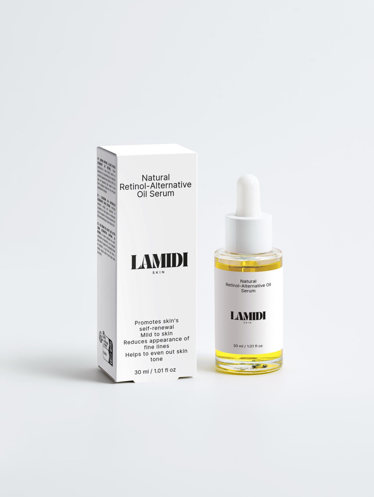 Natural Retinol-Alternative Ölserum von Lamidibeauty mit Bakuchiol und Hagebuttenöl in eleganter Flasche.