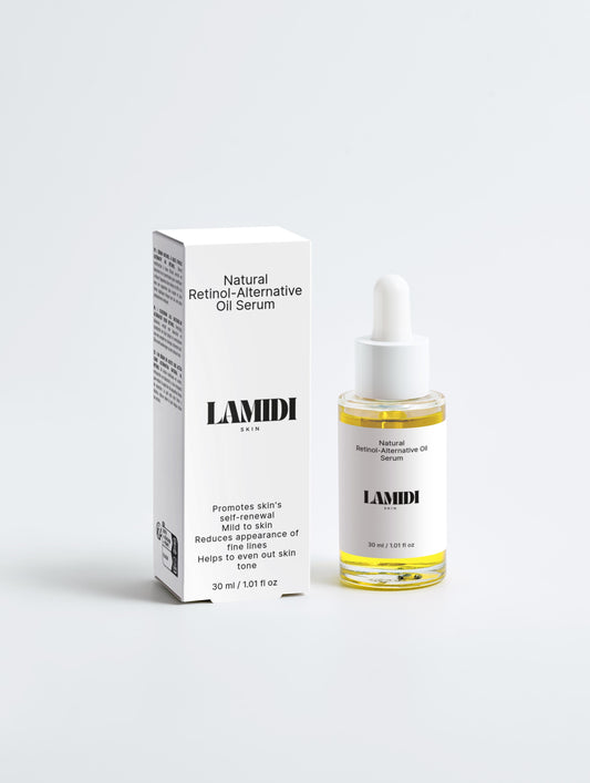 Natural Retinol-Alternative Ölserum von Lamidibeauty mit Bakuchiol und Hagebuttenöl in eleganter Flasche.