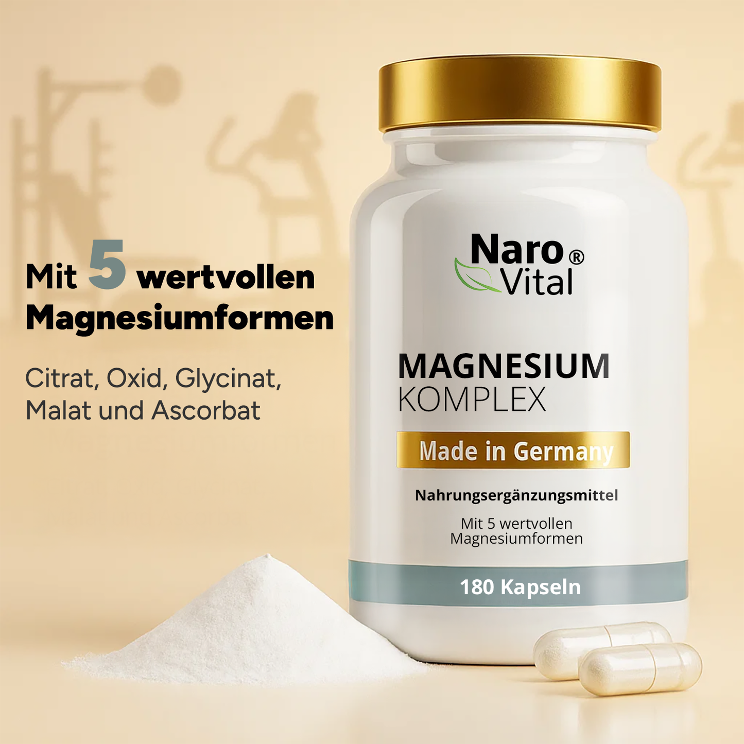 Nahaufnahme des Magnesium Komplex von NaroVital, um die hochwertigen Inhaltsstoffe zu zeigen.