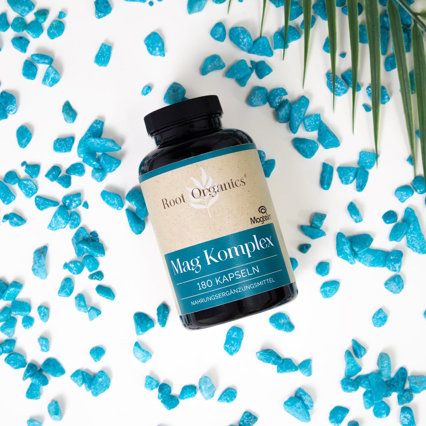 Verpackung der Magnesium Kapseln in einer umweltfreundlichen Dose von Root Organics®.