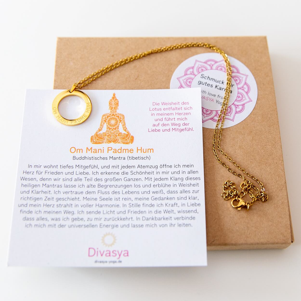 Halskette mit Anhänger | vergoldet | Mantra: Om Mani Padme Hum
