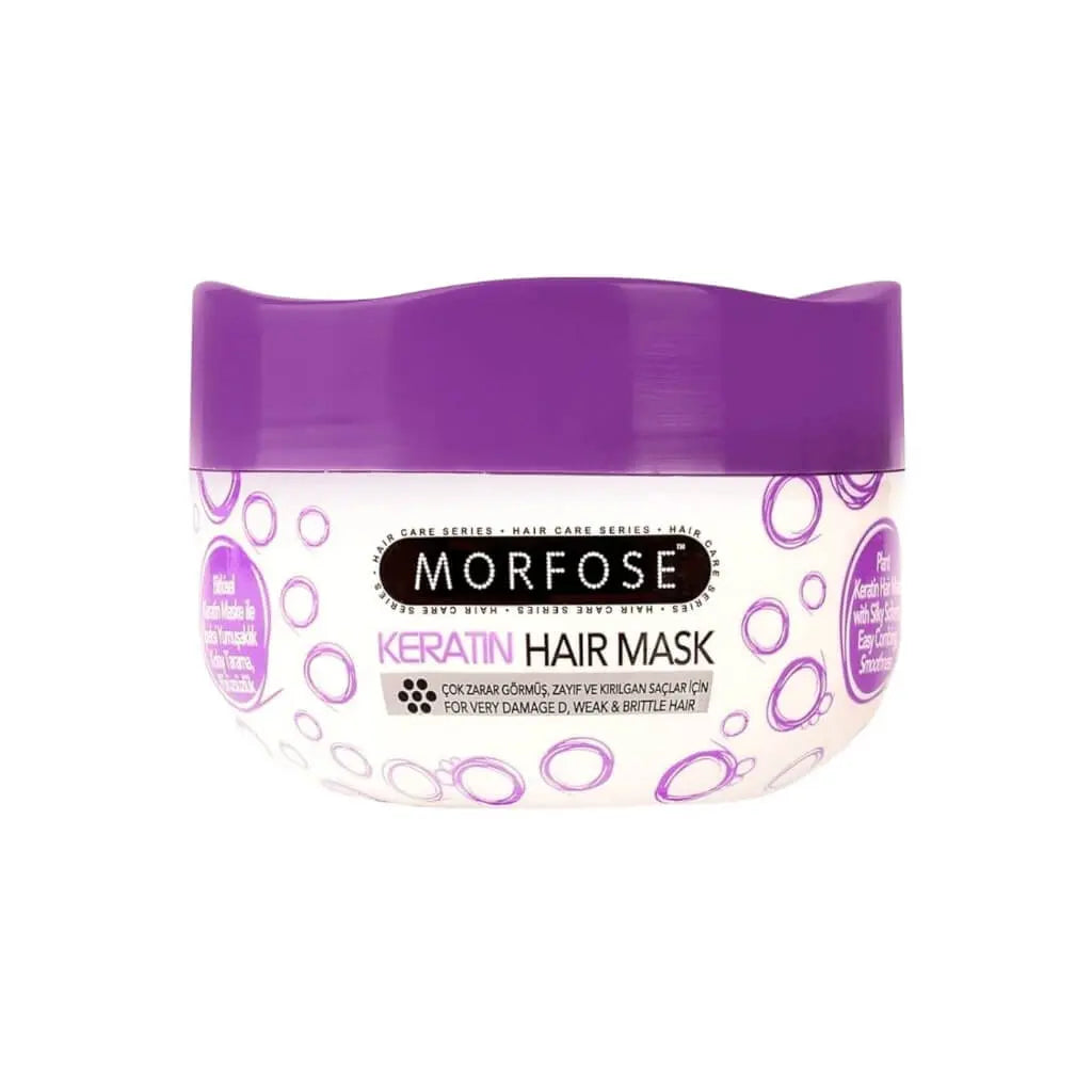 Morfose Keratin Haarmaske in einem eleganten Behälter für gesunde Haare mit intensiver Pflege.