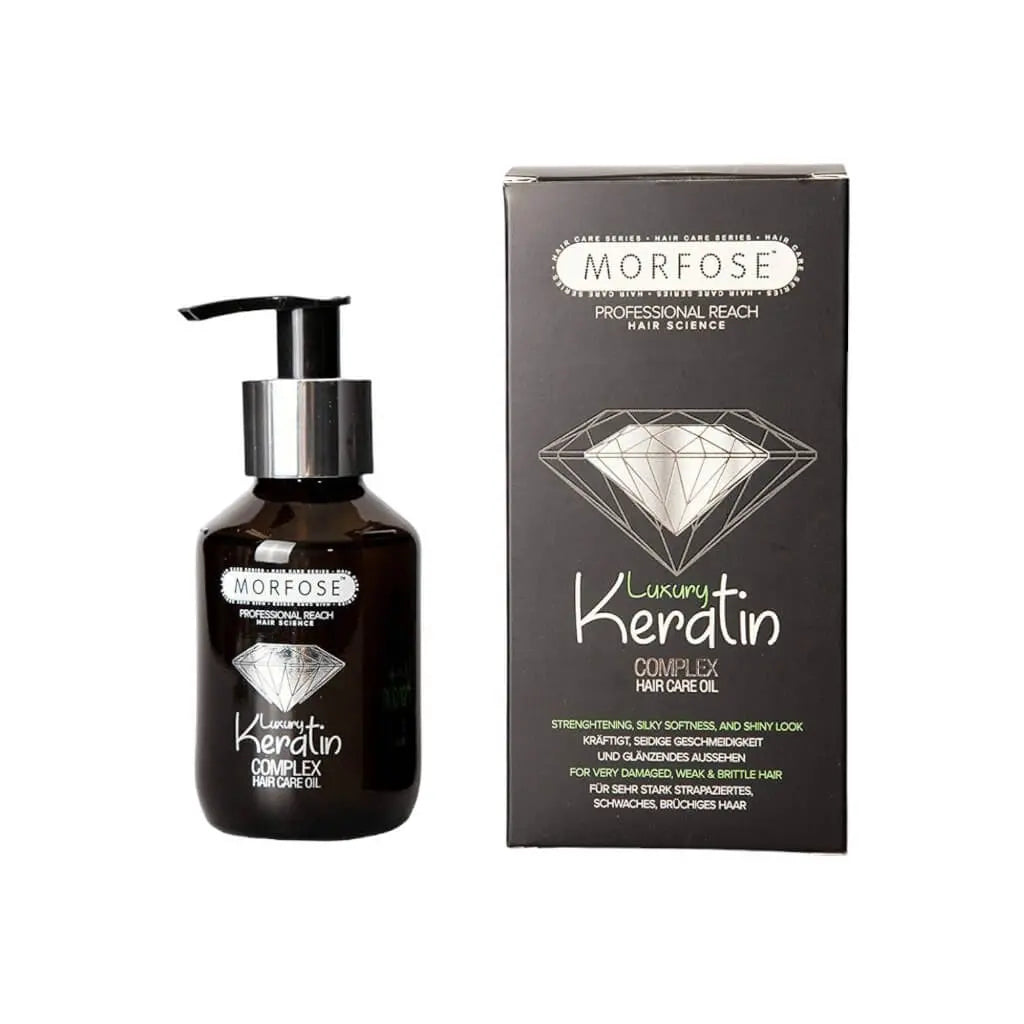 Morfose Keratin Haaröl in eleganter Flasche, ideal für gesunde Haarpflege.