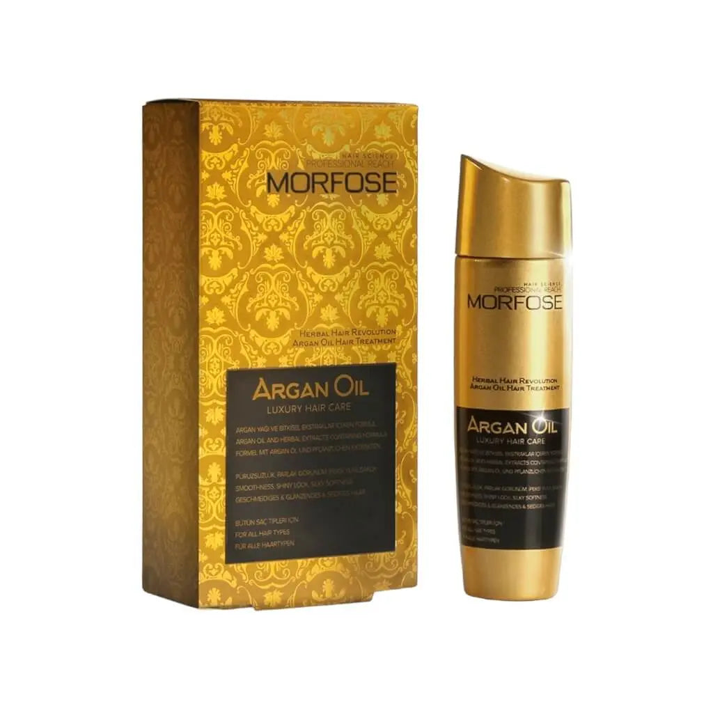 Morfose Luxury Argan Haaröl in eleganter Flasche für glänzendes Haar und intensive Feuchtigkeit.