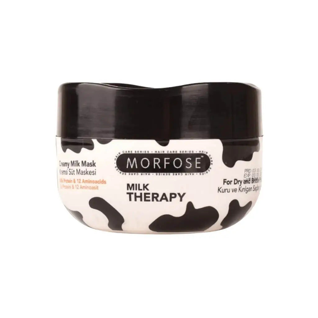 Morfose Milch Therapie Haarmaske in einer eleganten Dose für gesunde, mit Feuchtigkeit versorgte Haare.
