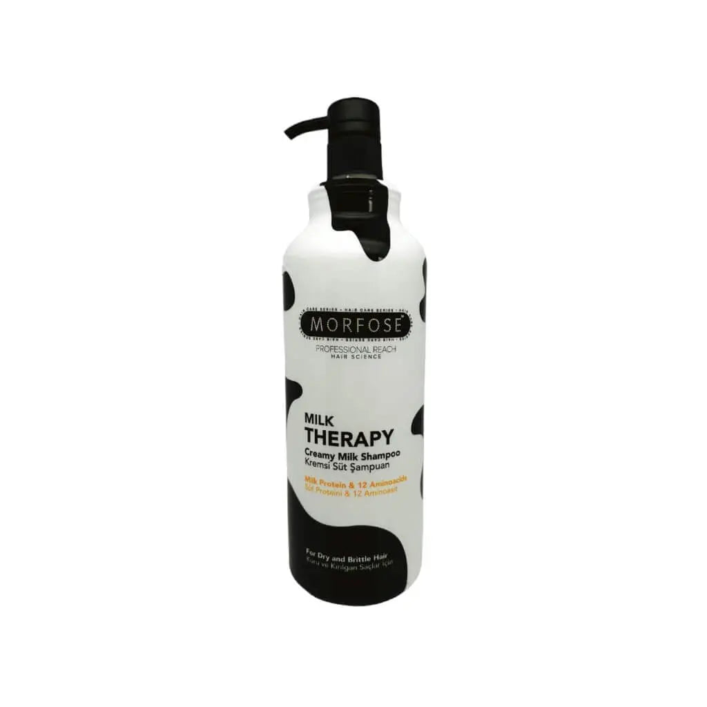 Morfose Milk Therapy Shampoo in elegante Verpackung für intensive Pflege von geschädigtem Haar.