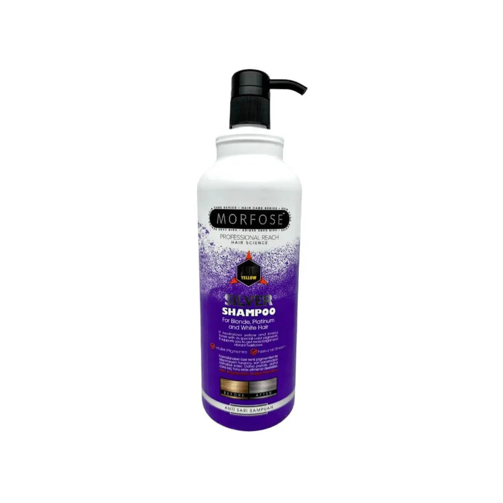 Morfose No Yellow Silber Shampoo in eleganter Flasche für strahlendes Blond mit kühlendem Effekt.