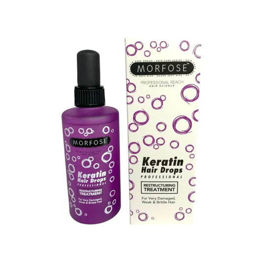 Morfose Keratin Hair Drops Haarserum im Flacon auf weißem Hintergrund. Premium Haarpflege für gesunde Haare.