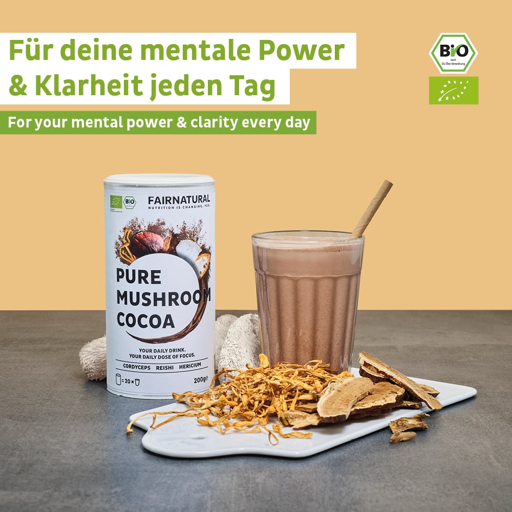 Detailaufnahme von Bio Fokus Mushroom Kakao Pulver mit Lions Mane und Kakaobohnenelementen für natürliche Energie.
