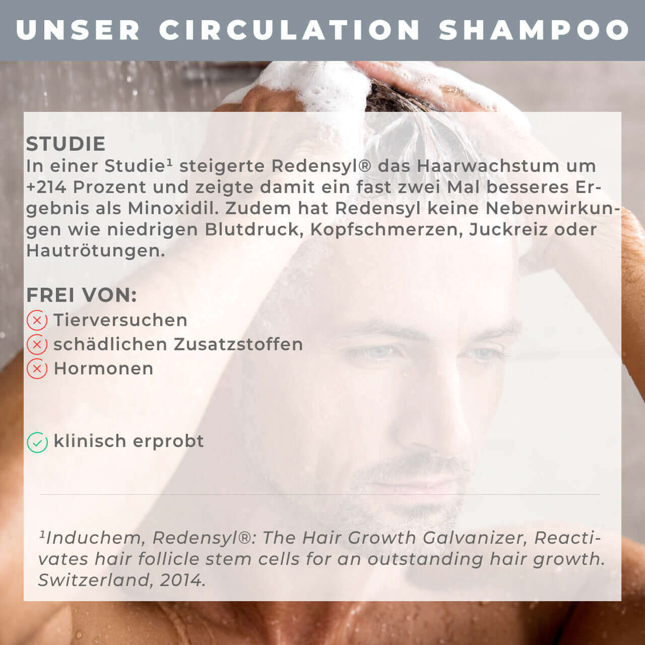 Inhaltsstoffe des Growth Circulation Shampoos, darunter Redensyl für gesunde Haare und Kopfhaut.