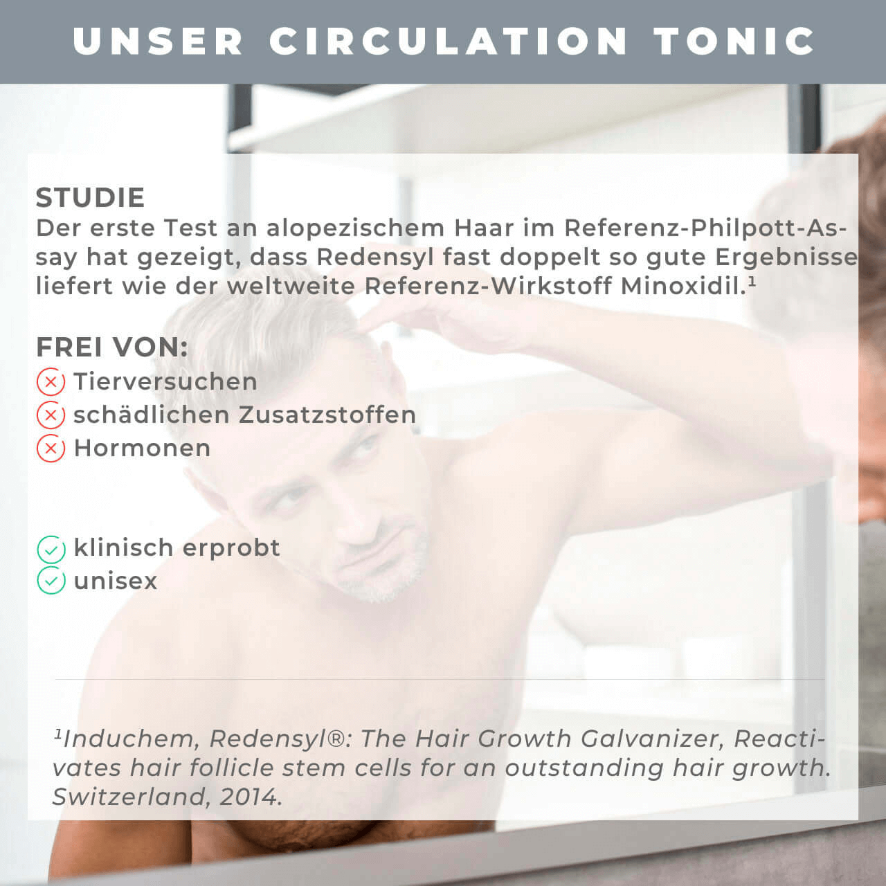 Flasche Circulation Tonic in der Natur platziert, zeigt die natürlichen Inhaltsstoffe für Haarwachstum.