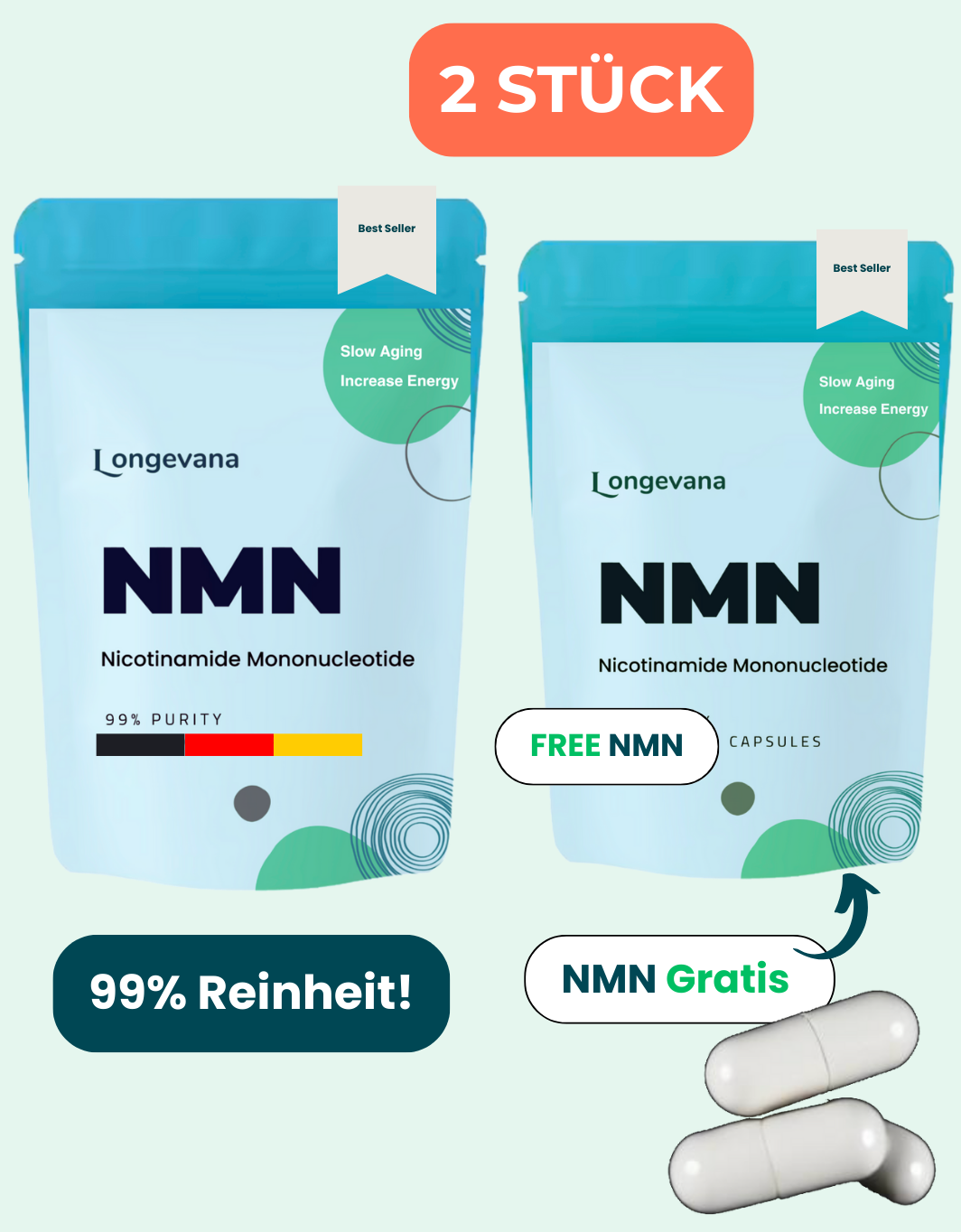 Longevana NMN Kapseln auf einem Holztisch für ein natürliches Ambiente.