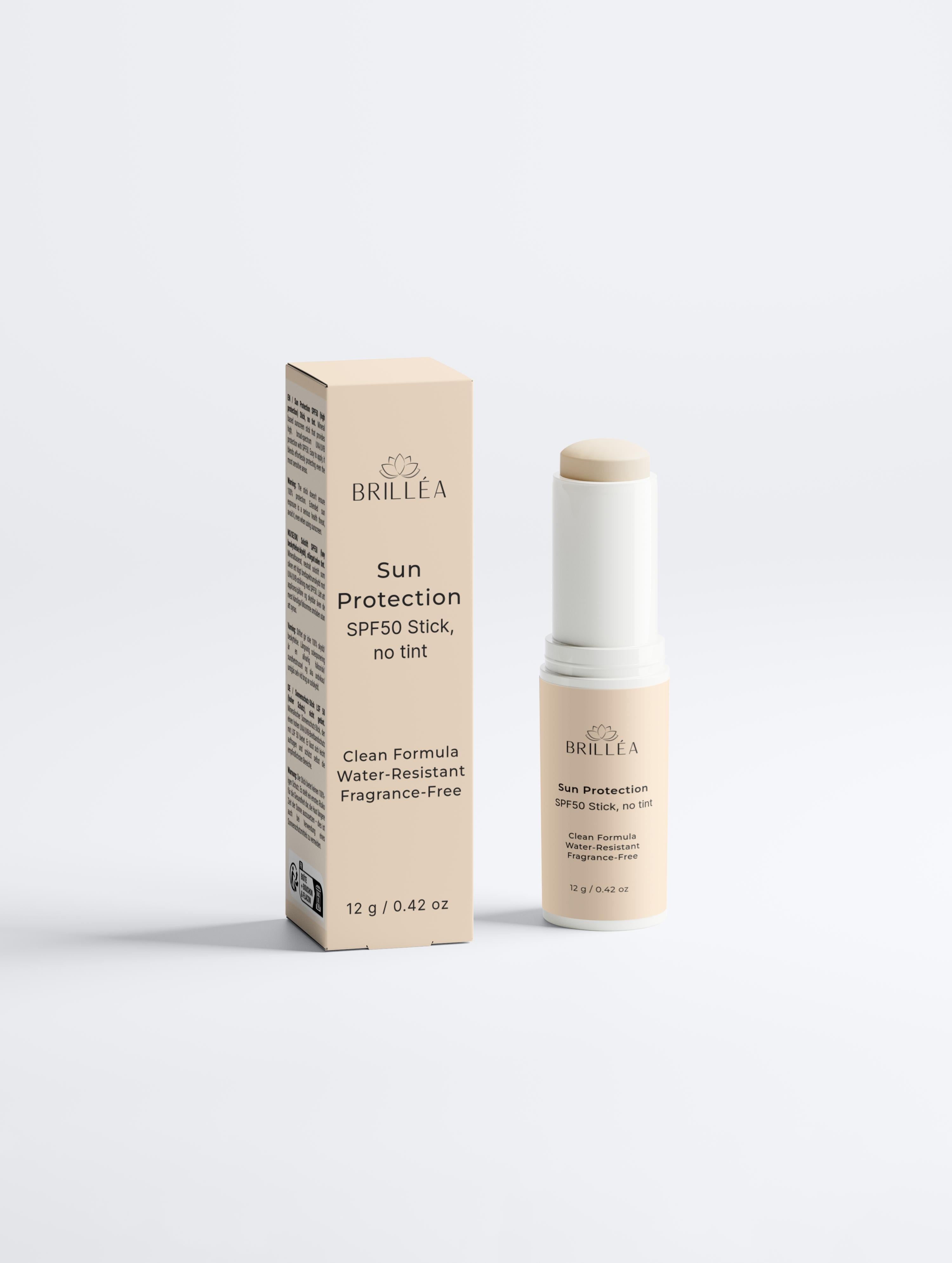 SPF50 Sun Protection Stick ohne Tönung von Brilléa, ideal für empfindliche Haut.