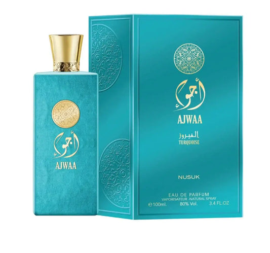 Nusuk Ajwaa Turquoise Eau de Parfum 100ml in eleganter Flasche, luxuriöses Parfum für Damen und Herren.